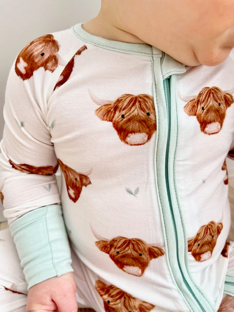 highland cow boy bamboo baby onesie up close details