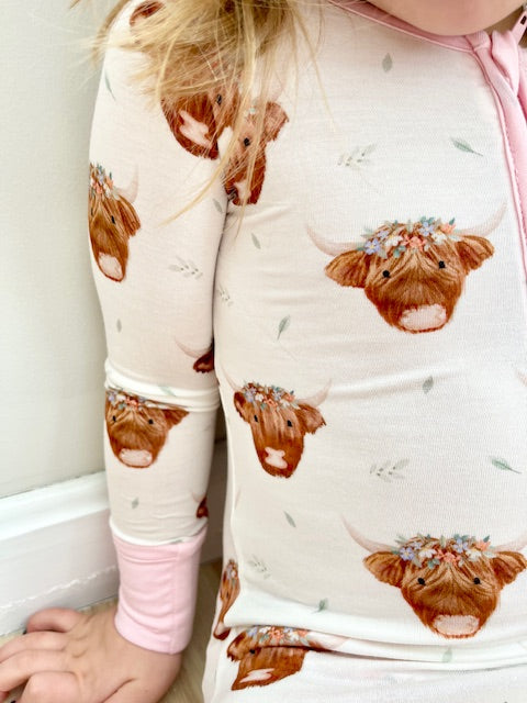 highland cow girl bamboo baby onesie up close details