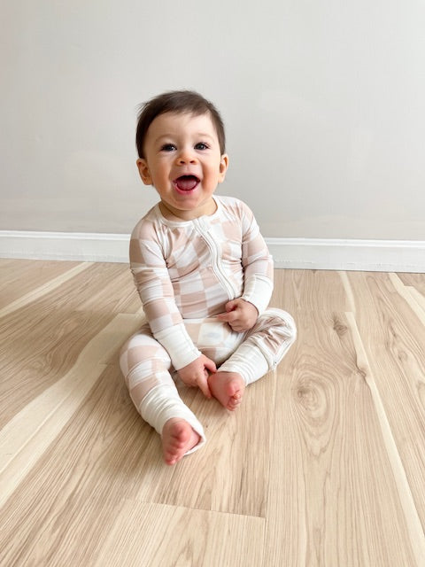 natural tan beige checkers bamboo onesie